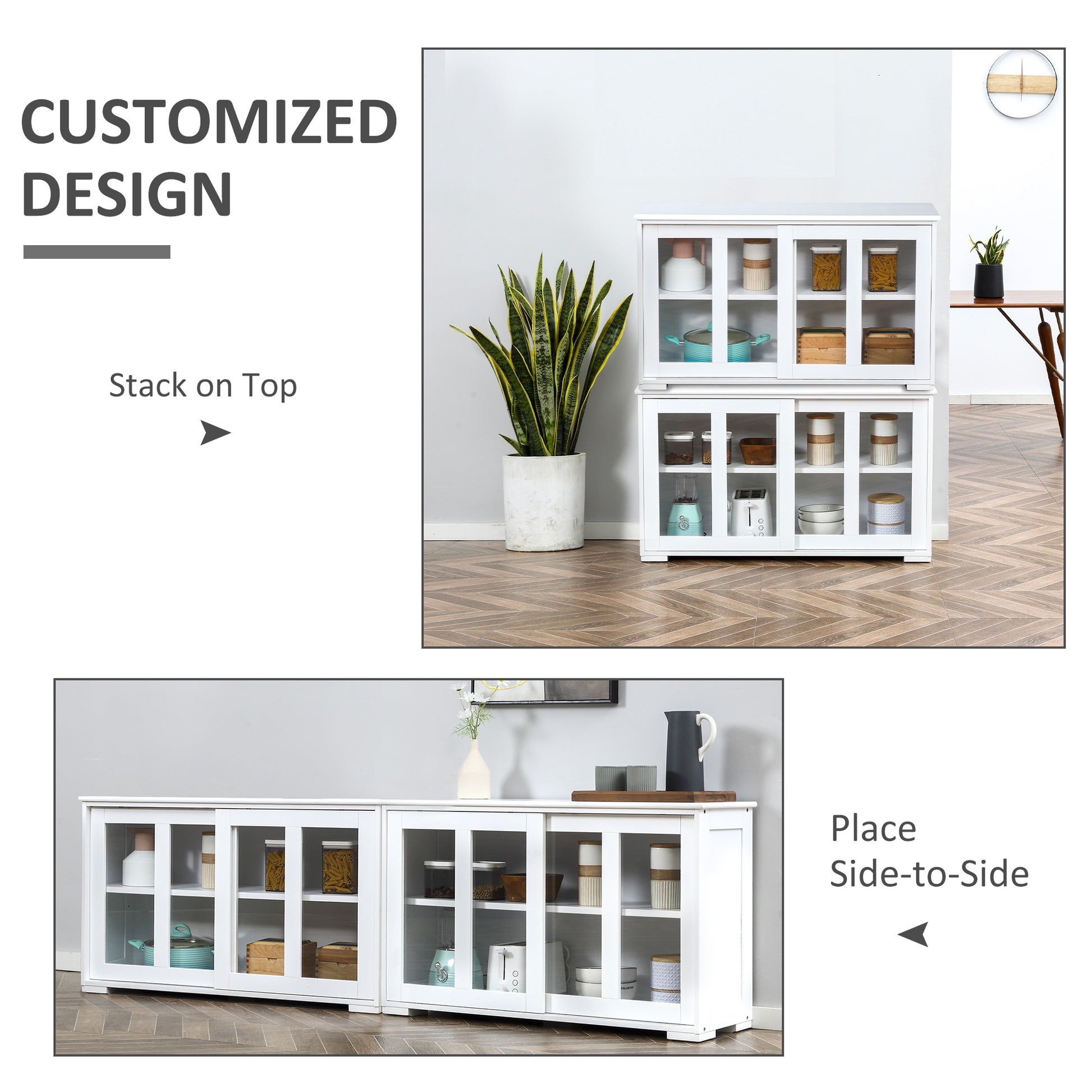 Modern Kitchen Sideboard, Stackable Storage Cabinet, Sliding Glass Door Console, Cupboard Serving Buffet for Kitchen & D
