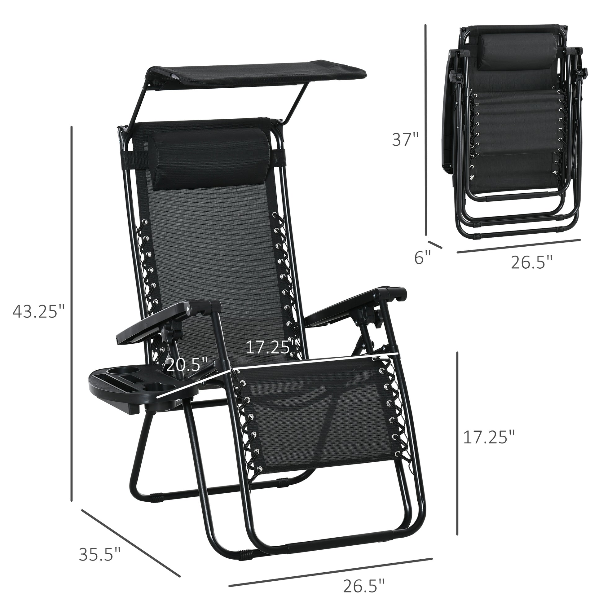 2 Piece Foldable Lounge Chair with Canopy Shade, Outdoor Zero Gravity Chair w/ Side Tray & Cup Holder, Reclining Lounger