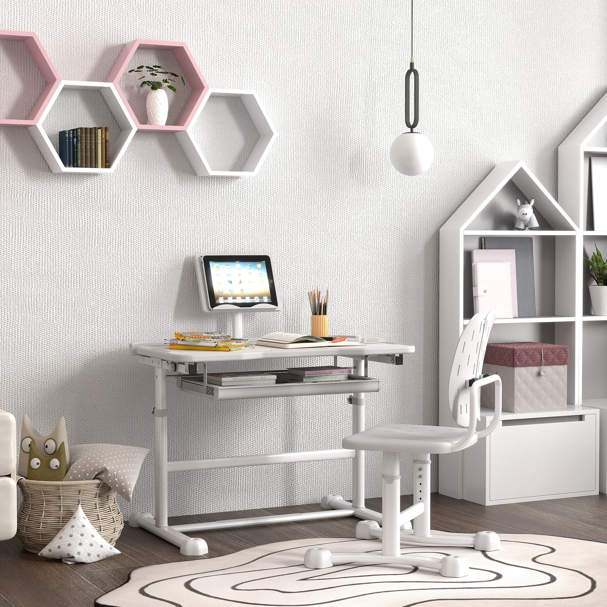 Qaba Height Adjustable Kids Desk and Chair Set with Tilt Desktop, Large Writing Board, Storage Drawer, Book Stand, Grey