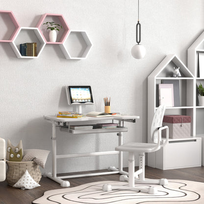 Qaba Height Adjustable Kids Desk and Chair Set with Tilt Desktop, Large Writing Board, Storage Drawer, Book Stand, Grey
