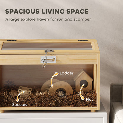 22"L Hamster Cage with Openable Top & Acrylic Windows, Small Animal Cage with Hut, Seesaw, Ladder, Natural Wood