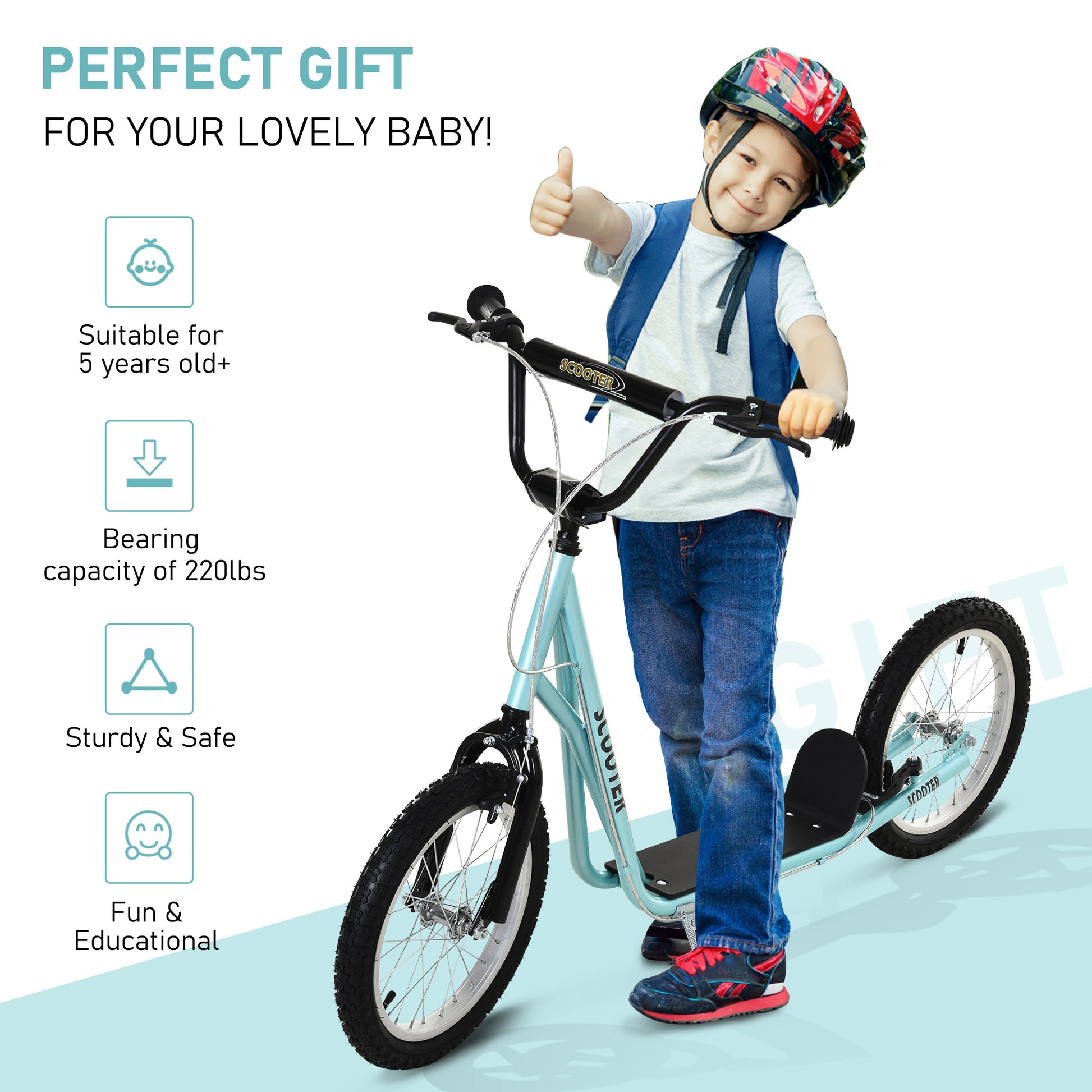 VarietyKart Kids Kick Scooter for 5+ Year Old, Kids Ride on Toy w/ 16'' Inflatable Wheel Dual Brakes, Blue