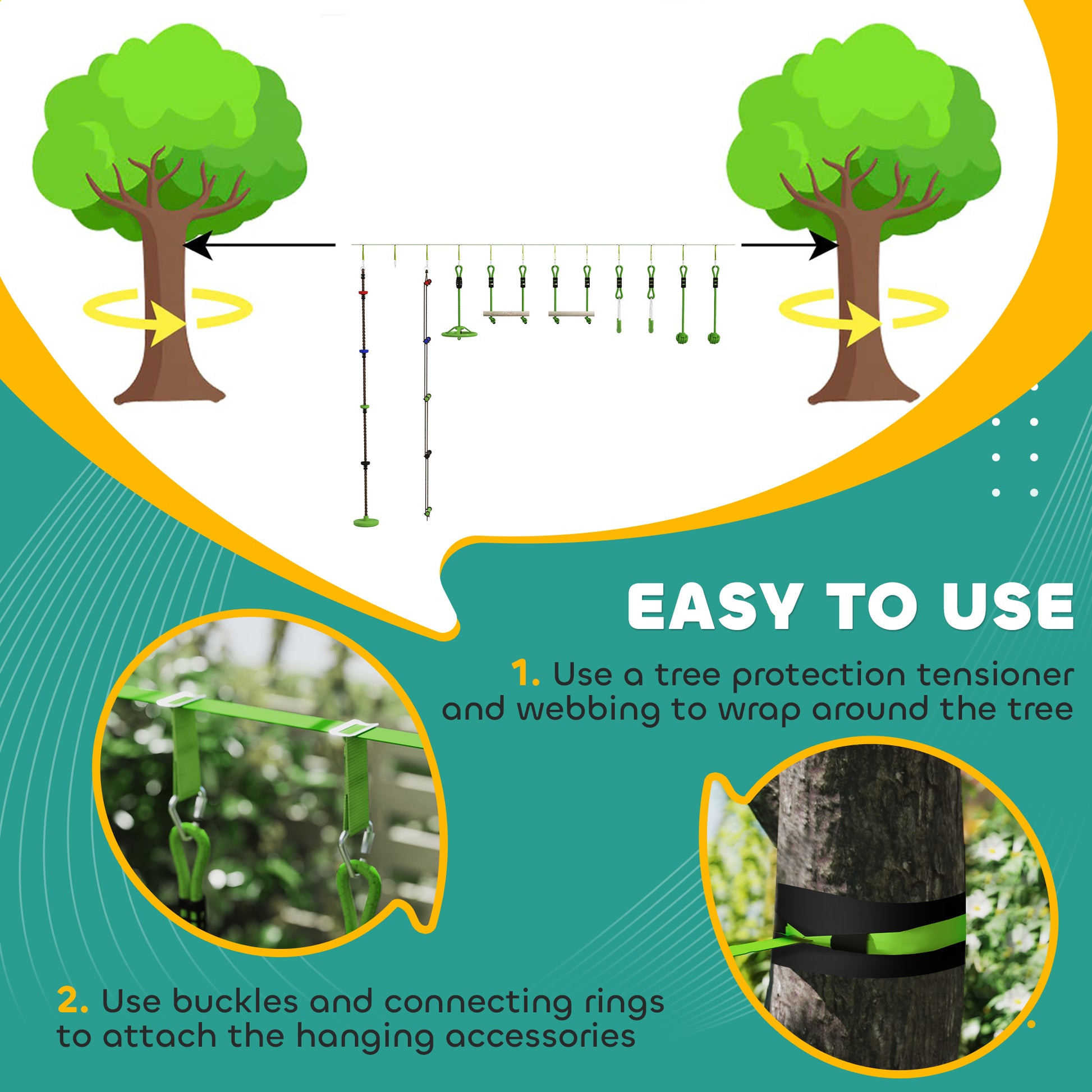 Qaba Obstacle course for Kids, with 10-Piece Slackline Kit with Monkey Bars, Gym Rings, Rope Ladder, Nest Swing, Hanging