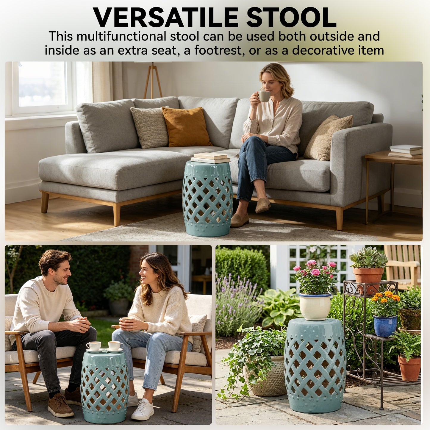 12.4" x 17.9" Ceramic Garden Stool with Woven Lattice Design, Indoor & Outdoor Decorative Accent Stool, Blue