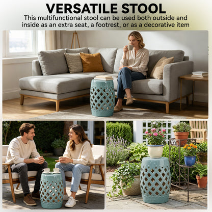 12.4" x 17.9" Ceramic Garden Stool with Woven Lattice Design, Indoor & Outdoor Decorative Accent Stool, Blue