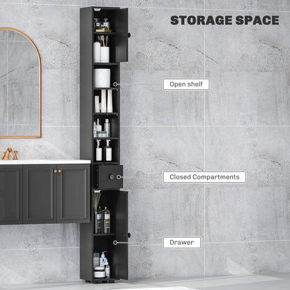 71" Tall Bathroom Cabinet, Narrow Toilet Paper Cabinet with Open Shelves, 2 Door Cabinets, Adjustable Shelves, Black