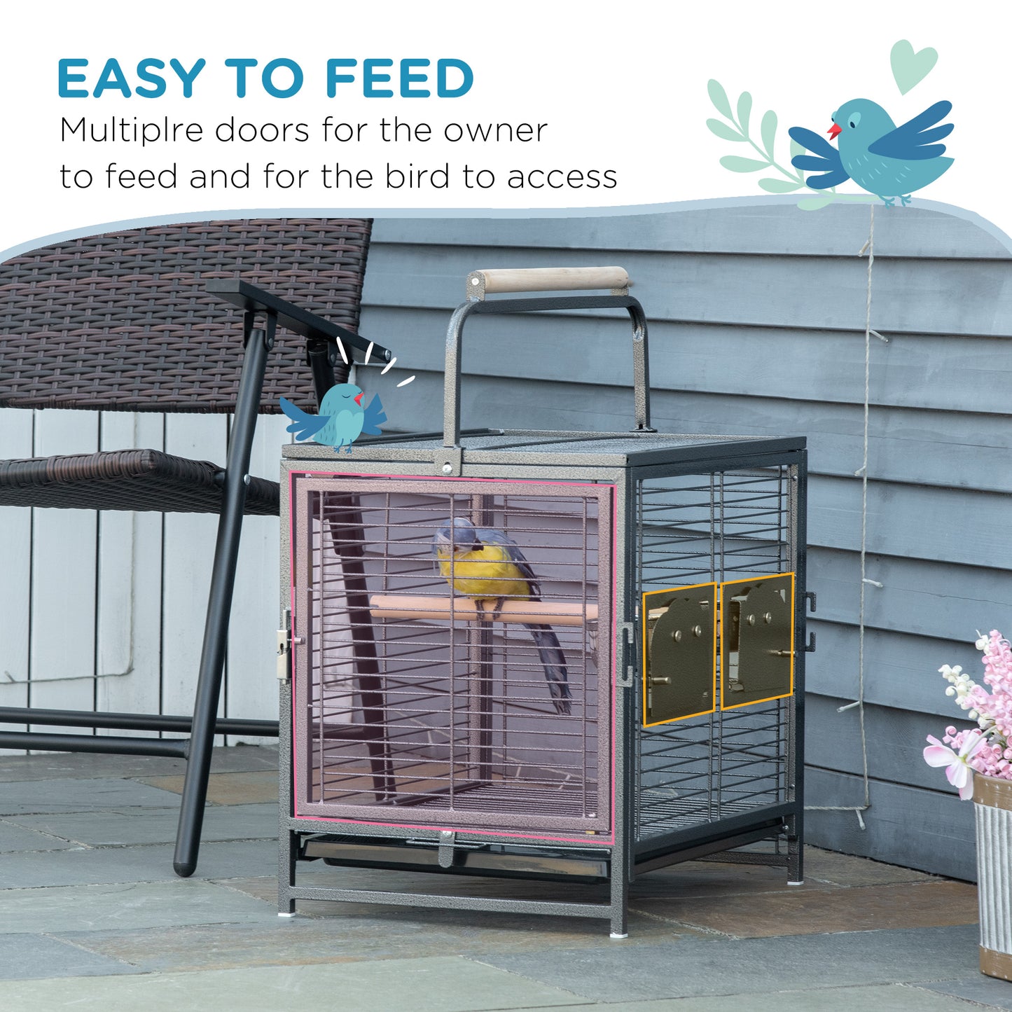Bird Travel Carrier Cage, Portable Metal Bird Cage for Parrots Conures Cockatiel Parakeets with Stand Perch, Stainless S