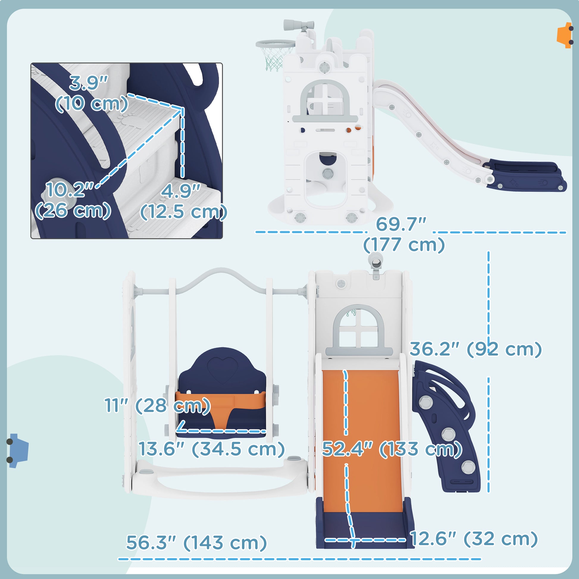 Qaba 6-in-1 Slide and Swing Set Baby Swing Playset Indoor with Basketball Hoop, Climber, Storage Space, Telescope, Orang