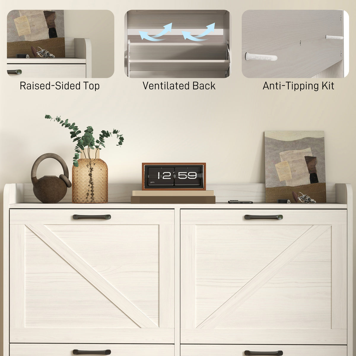 Narrow Shoe Storage Cabinet with 4 Flip Drawers, Adjustable Shelves, 16 Pair Farmhouse Shoe Cabinet, White Oak