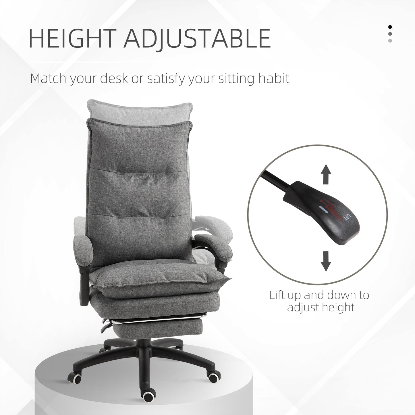 Office Chair 360° Swivel Adjustable Height Linen Style Fabric Recliner with Retractable Footrest and Double Padding, Gre