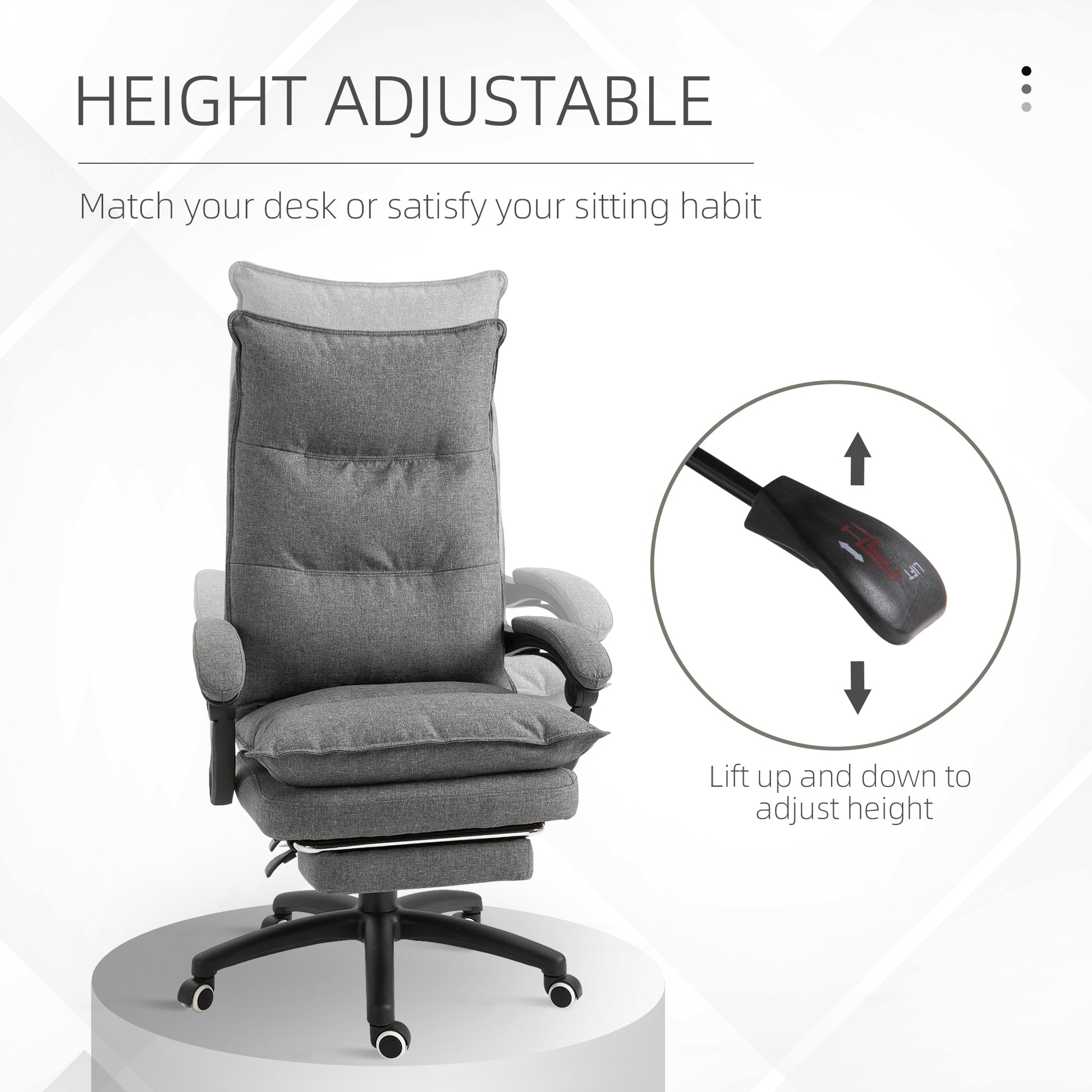 Office Chair 360° Swivel Adjustable Height Linen Style Fabric Recliner with Retractable Footrest and Double Padding, Gre