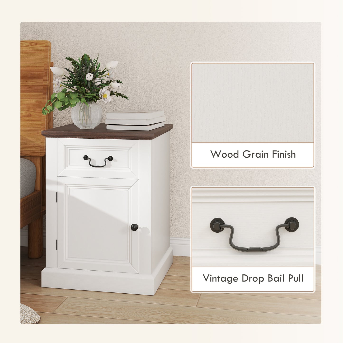 Side Table Set of 2, End Tables with Drawer and Cabinet, Nightstands for Small Spaces, Living Room, White
