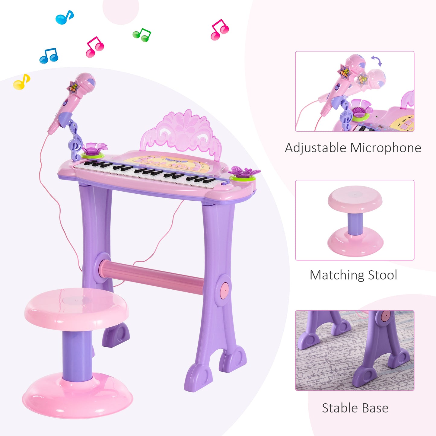 Qaba Kids Piano Electronic Keyboard Instrument with Microphone and Stool 32 Keys Musical Toy Organ Educational Gift for 