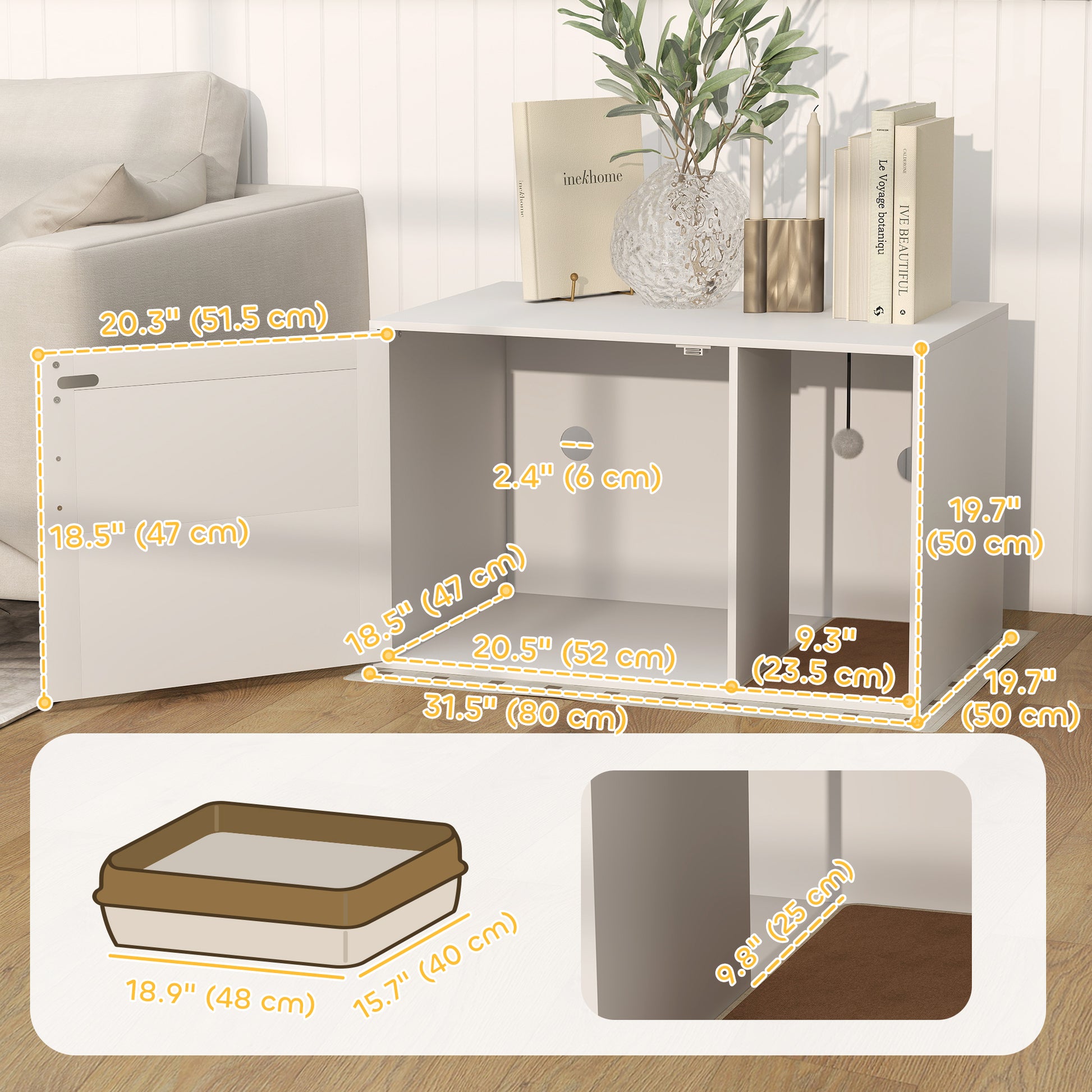 Cat Litter Box Enclosure, Cat Washroom End Side Table with Rattan Door, Scratching Pad, Non-slip Foot Pads, White