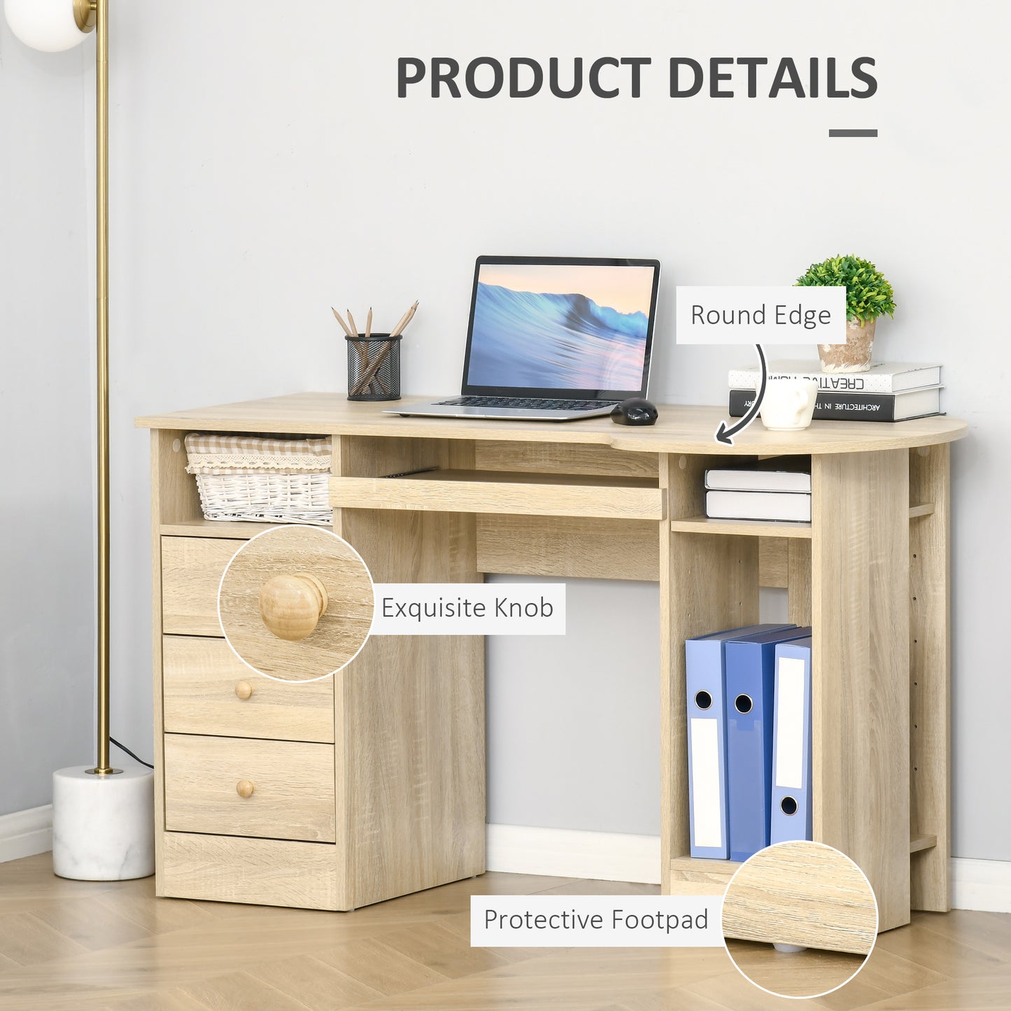 Computer Desk with Storage, Home Office Laptop Table with Shelves and Drawers, Modern Workstation Desk with Keyboard Tra