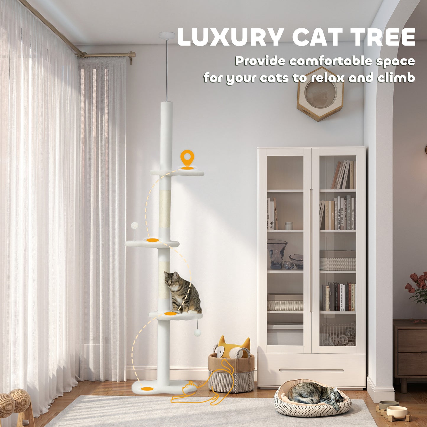 88.5"-100.5" Floor to Ceiling Cat Tree, Cat Tower with Scratching Posts, Cloud Shaped Platforms, Dangling Balls, Cream