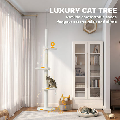 88.5"-100.5" Floor to Ceiling Cat Tree, Cat Tower with Scratching Posts, Cloud Shaped Platforms, Dangling Balls, Cream