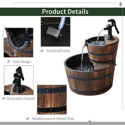 2-Tier Wooden Barrel Water Fountain with Electric Pump Cascading Feature Outdoor Indoor Decoration