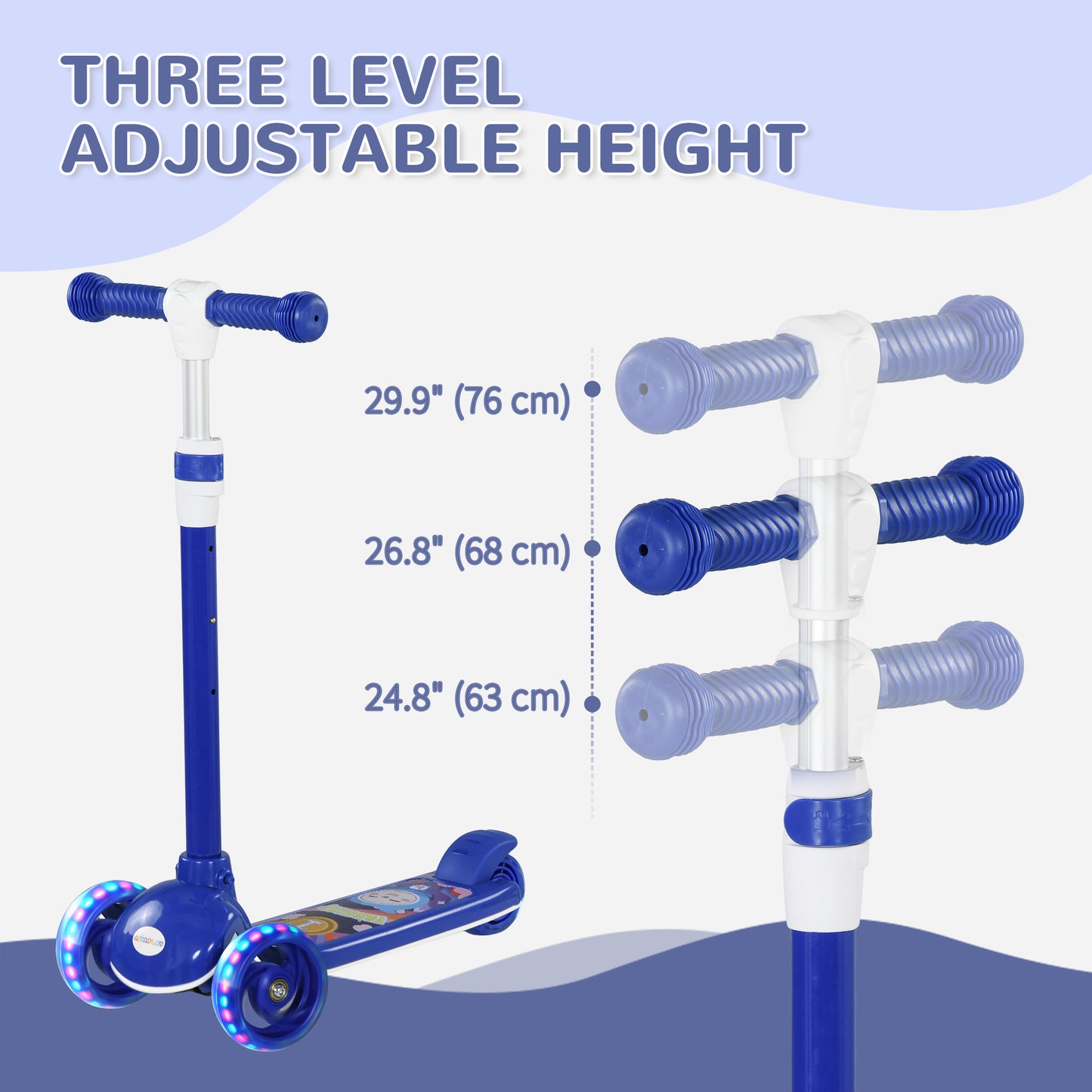 Qaba 3 Wheel Kids Scooter, Toddler Kick Scooter with Adjustable Height, Rear-Fender Brake, LED Light, TPE Handlebar, Blu