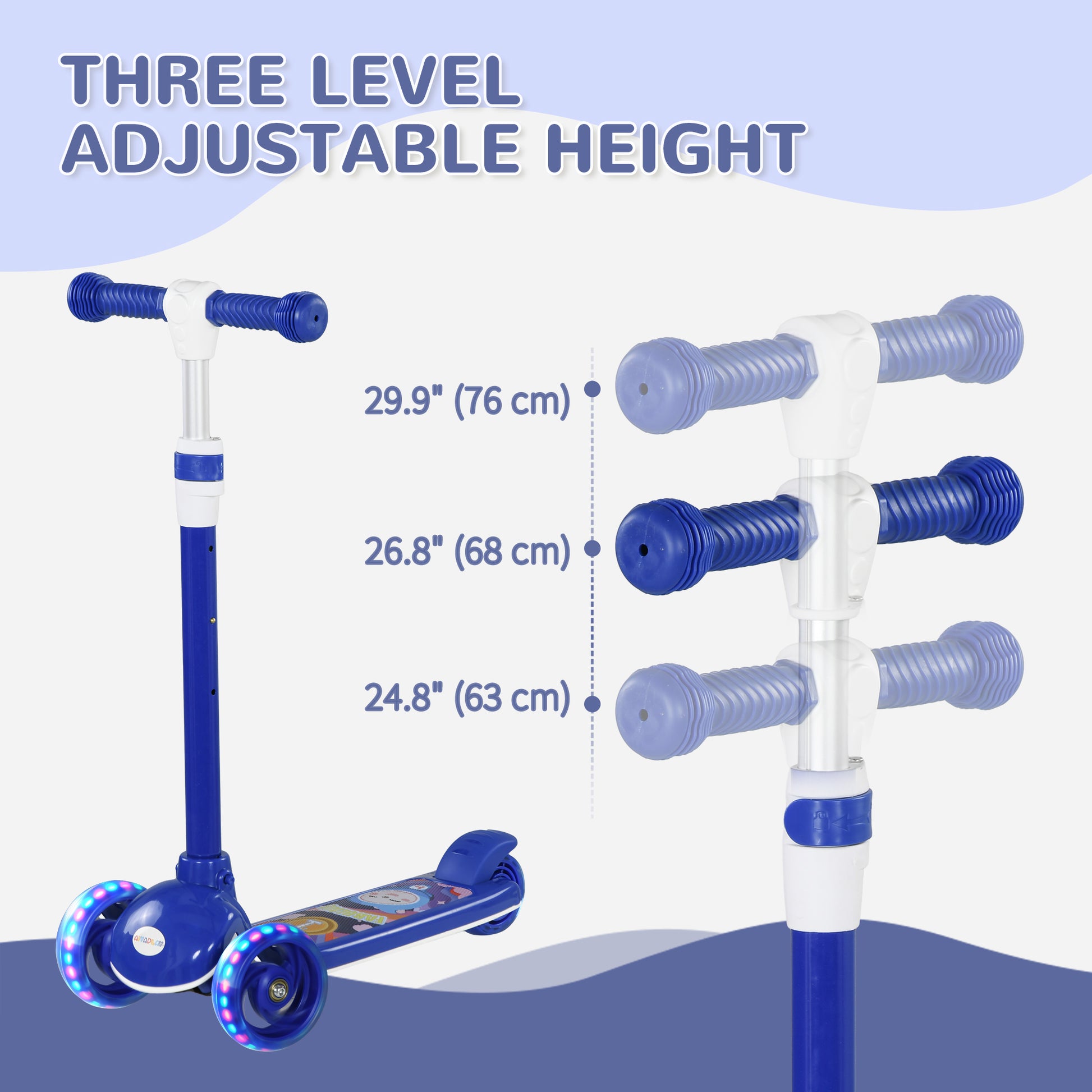 Qaba 3 Wheel Kids Scooter, Toddler Kick Scooter with Adjustable Height, Rear-Fender Brake, LED Light, TPE Handlebar, Blu