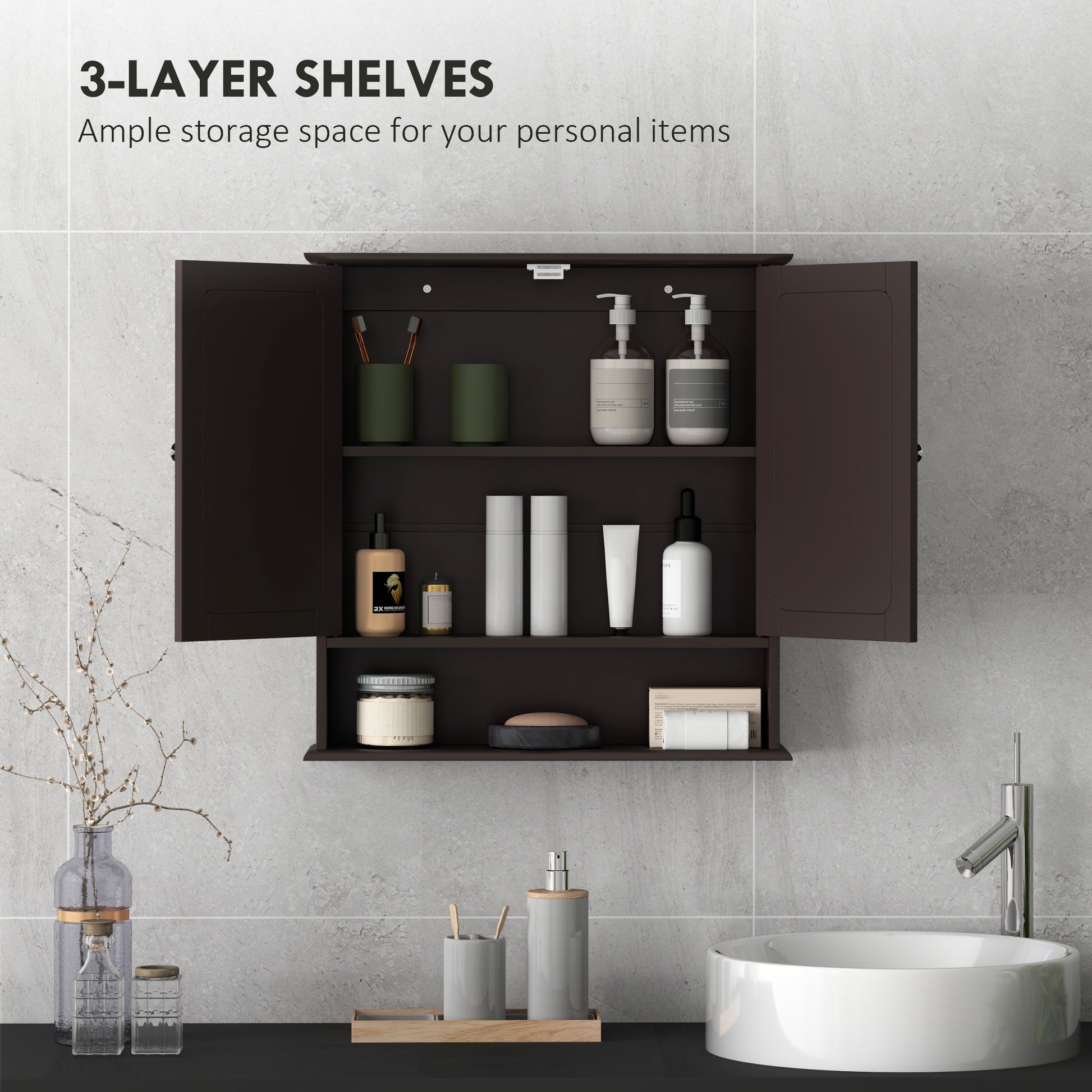 Medicine Cabinet, Wall-Mounted Bathroom Mirror Cabinet with Double Doors, Open Shelf, and Adjustable Shelf, Modern Bathr