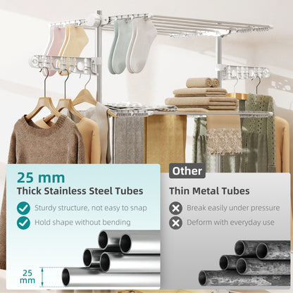 Garment Drying Rack Stainless Steel Folding Clothes Hanging Rack with Side Wings Castors for Indoor Outdoor White