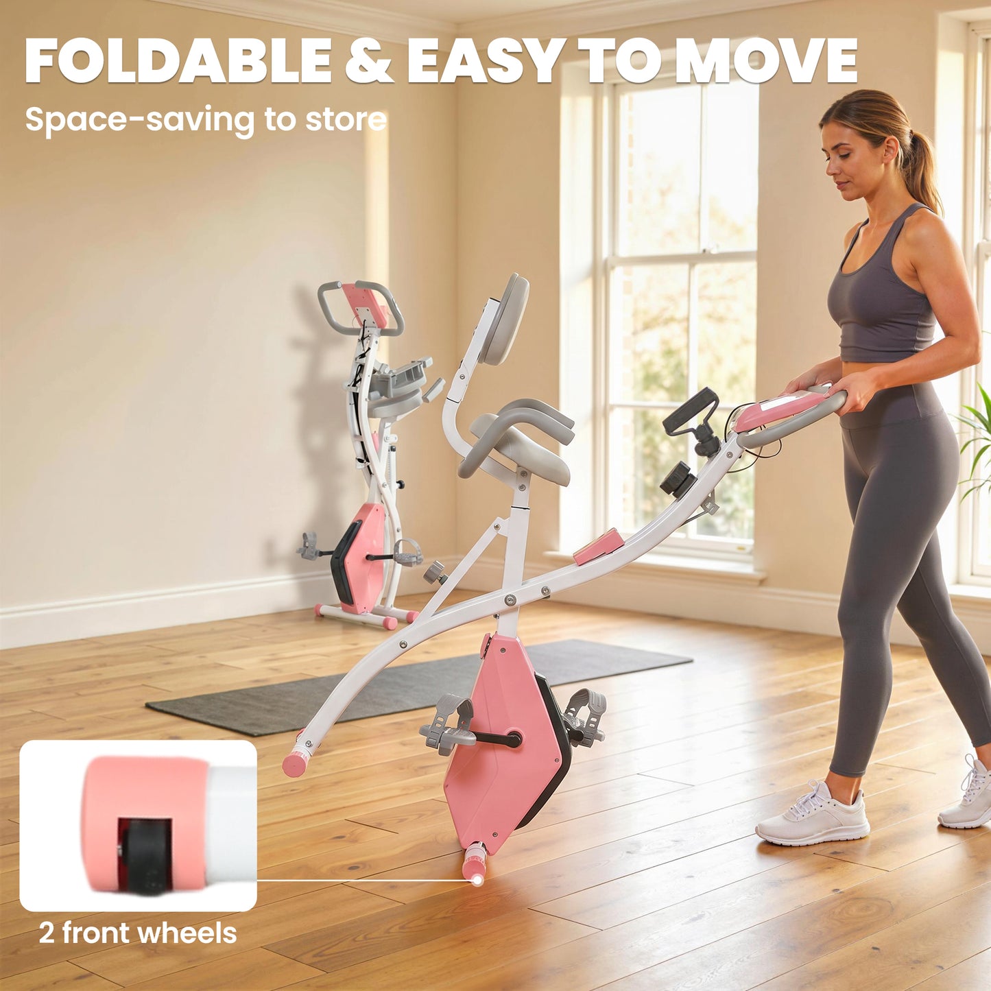 Soozier 3 in 1 Folding Exercise Bike, Foldable Stationary Bike with 8-Level Magnetic Resistance, Adjustable Seat, Pink