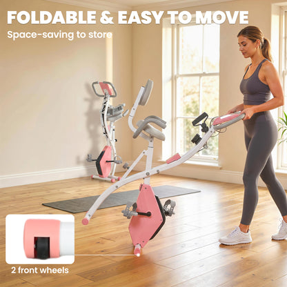 Soozier 3 in 1 Folding Exercise Bike, Foldable Stationary Bike with 8-Level Magnetic Resistance, Adjustable Seat, Pink