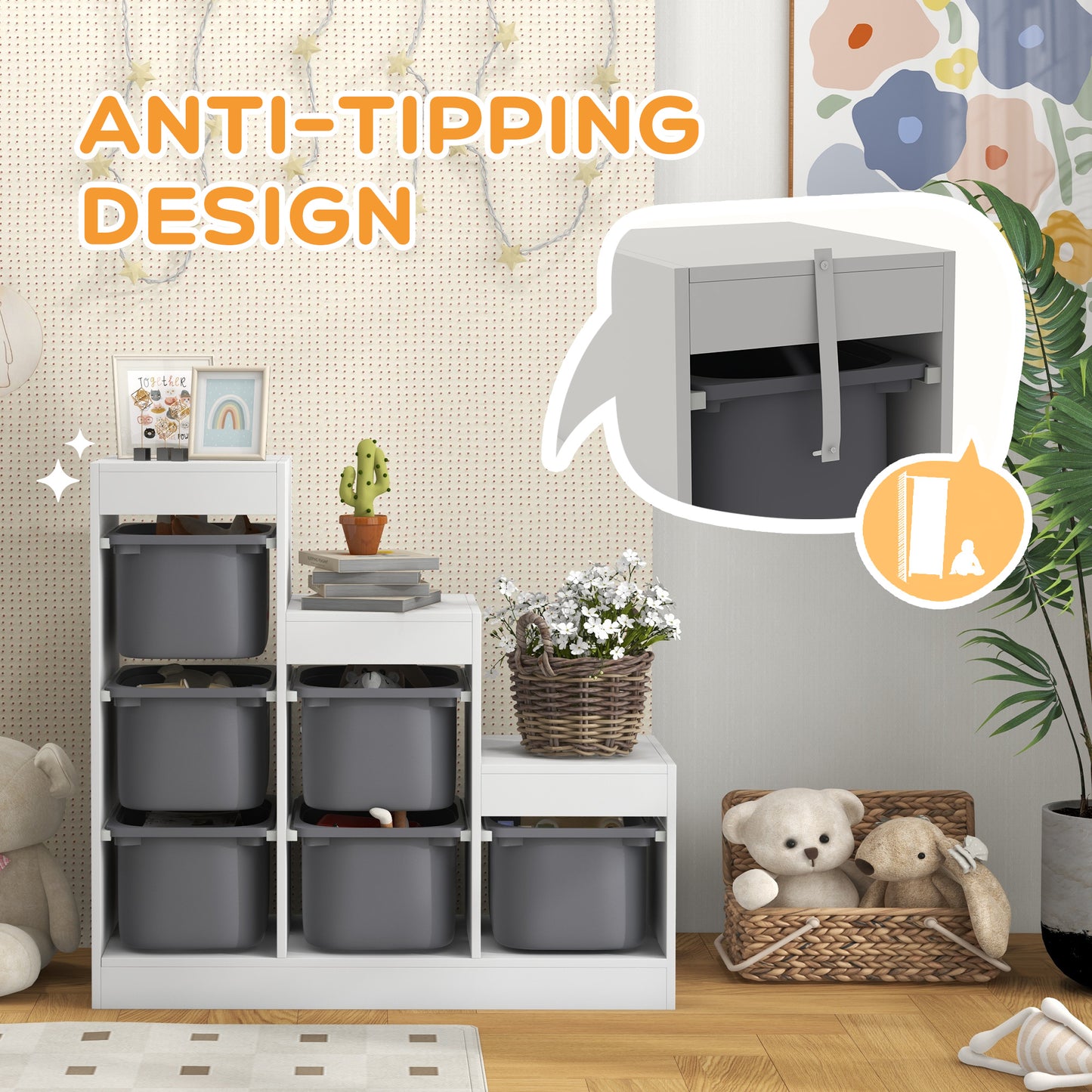 Qaba 3 Layers Toy Storage Organizer Kids Bookshelf Children Toy Storage w/ 6 Plastic Bins, Grey