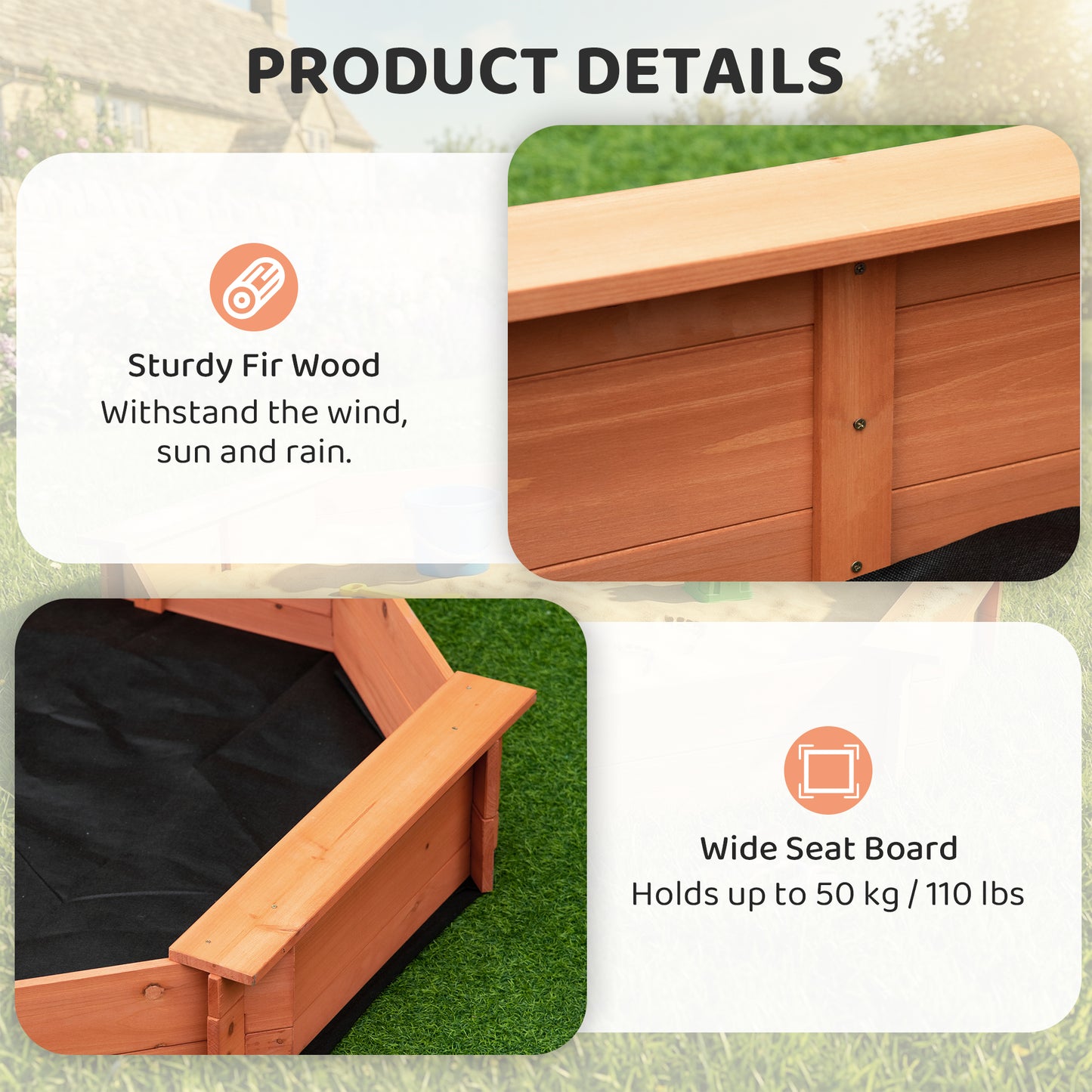 Kids Sandbox with Cover, Wooden Sand Box with Seat, Outdoor Children Sand Pit for Backyard, Garden for Ages 3-8, Red