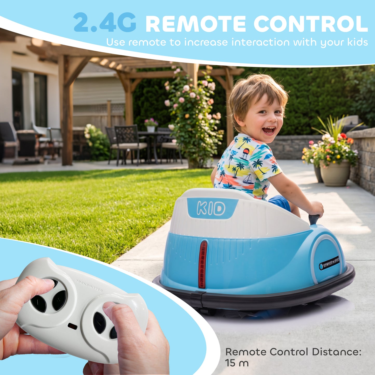 Qaba 12V Bumper Car for Toddlers, Ride On Car with 360 Degree Remote Control, Lights Music Horn, for 1.5-5 Years, Light 