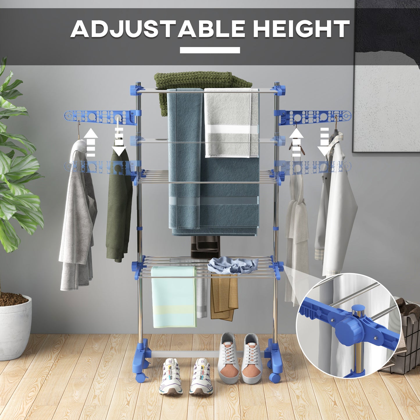 3-Tier Foldable Clothes Drying Rack, Stainless Steel Laundry Rack with 2 Side Wings and 6 Castors, Collapsible Adjustabl