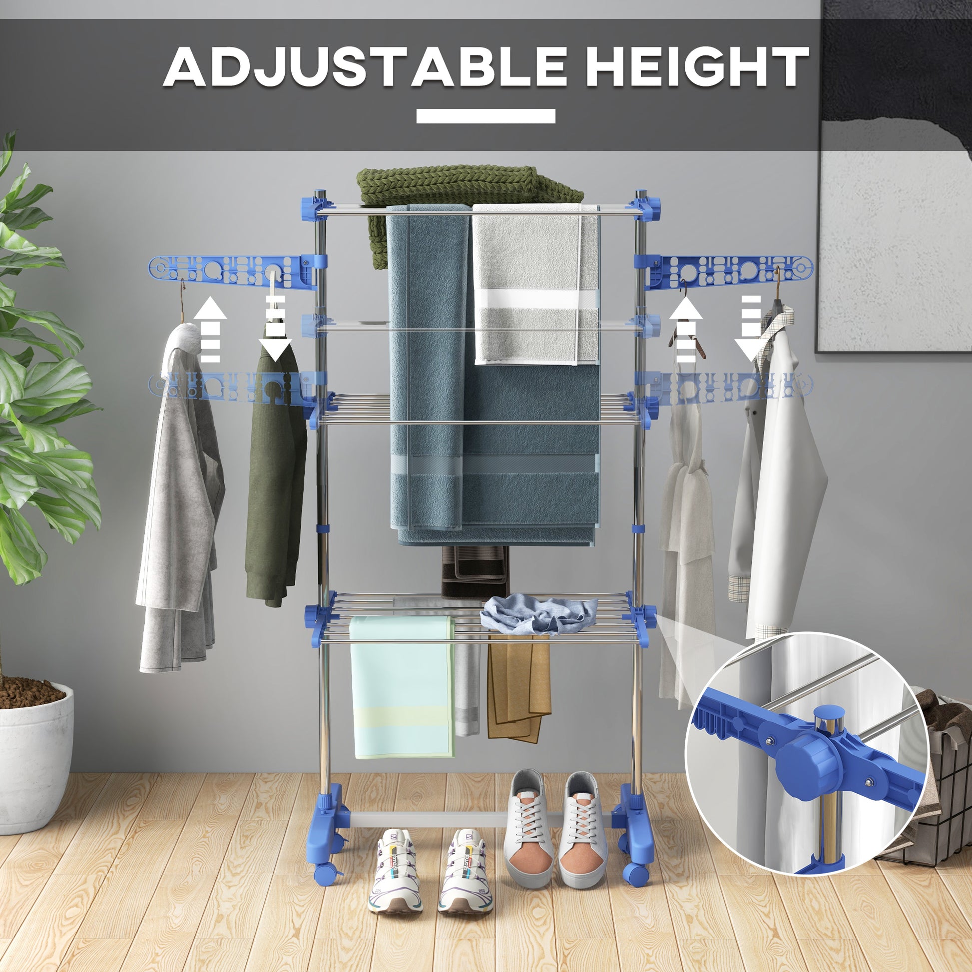 3-Tier Foldable Clothes Drying Rack, Stainless Steel Laundry Rack with 2 Side Wings and 6 Castors, Collapsible Adjustabl