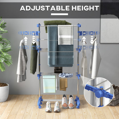3-Tier Foldable Clothes Drying Rack, Stainless Steel Laundry Rack with 2 Side Wings and 6 Castors, Collapsible Adjustabl