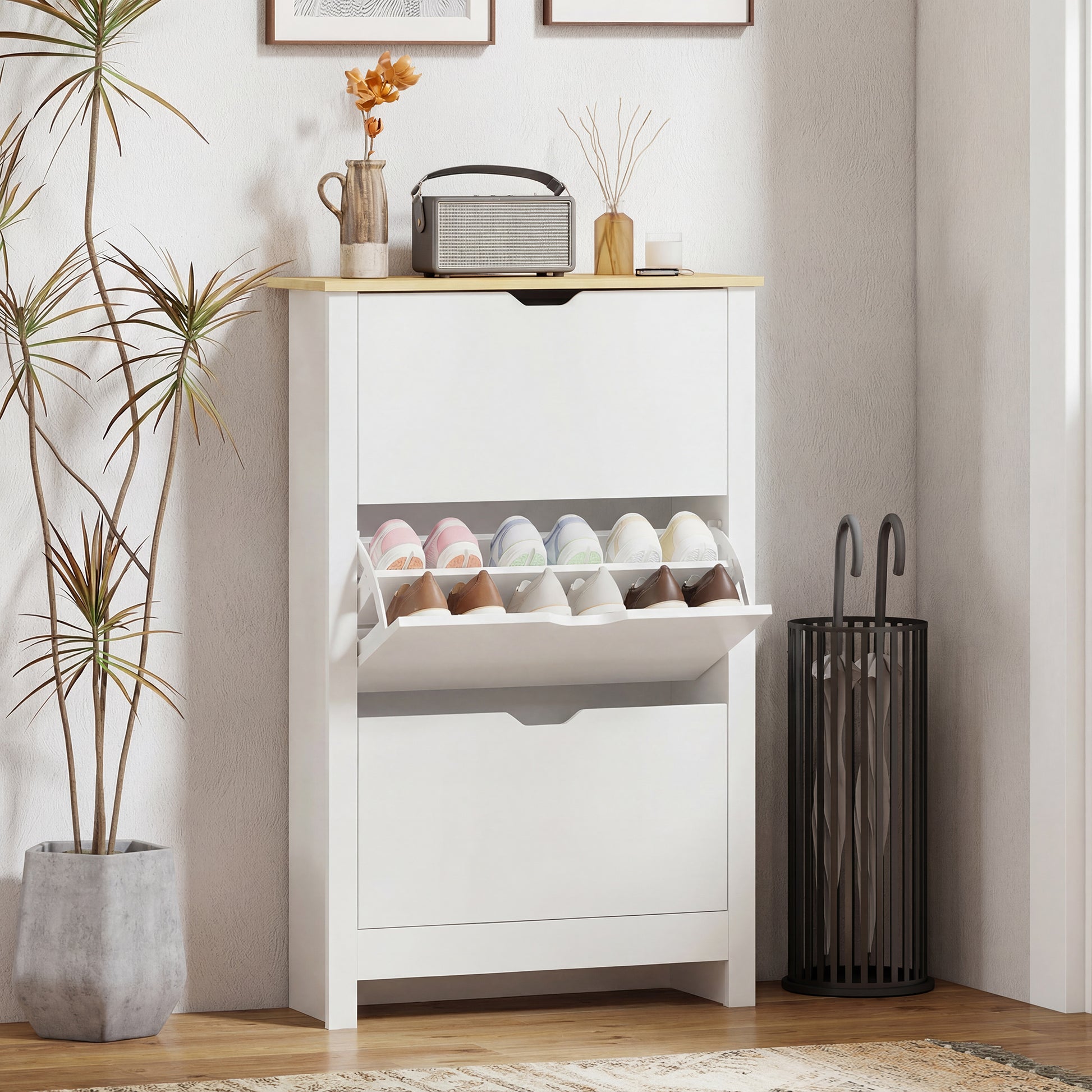 Shoe Storage Cabinet with 3 Flip Drawers and Adjustable Shelves for 12-18 Pairs of Shoes, White