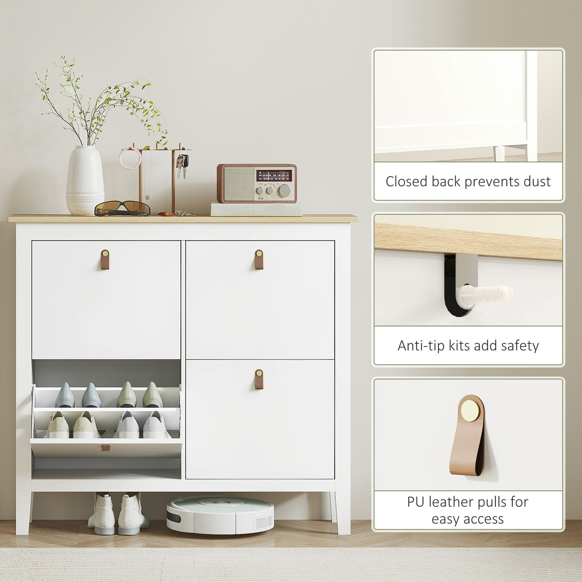 Narrow Shoe Cabinet with 4 Flip Drawers, Adjustable Shelves for Entryway, Holds 12-20 Pairs, White