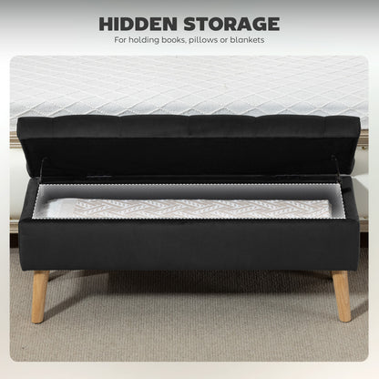 Storage Ottoman with Lid, Velvet Upholstered Storage Bench with Wood Legs for Living Room, Black
