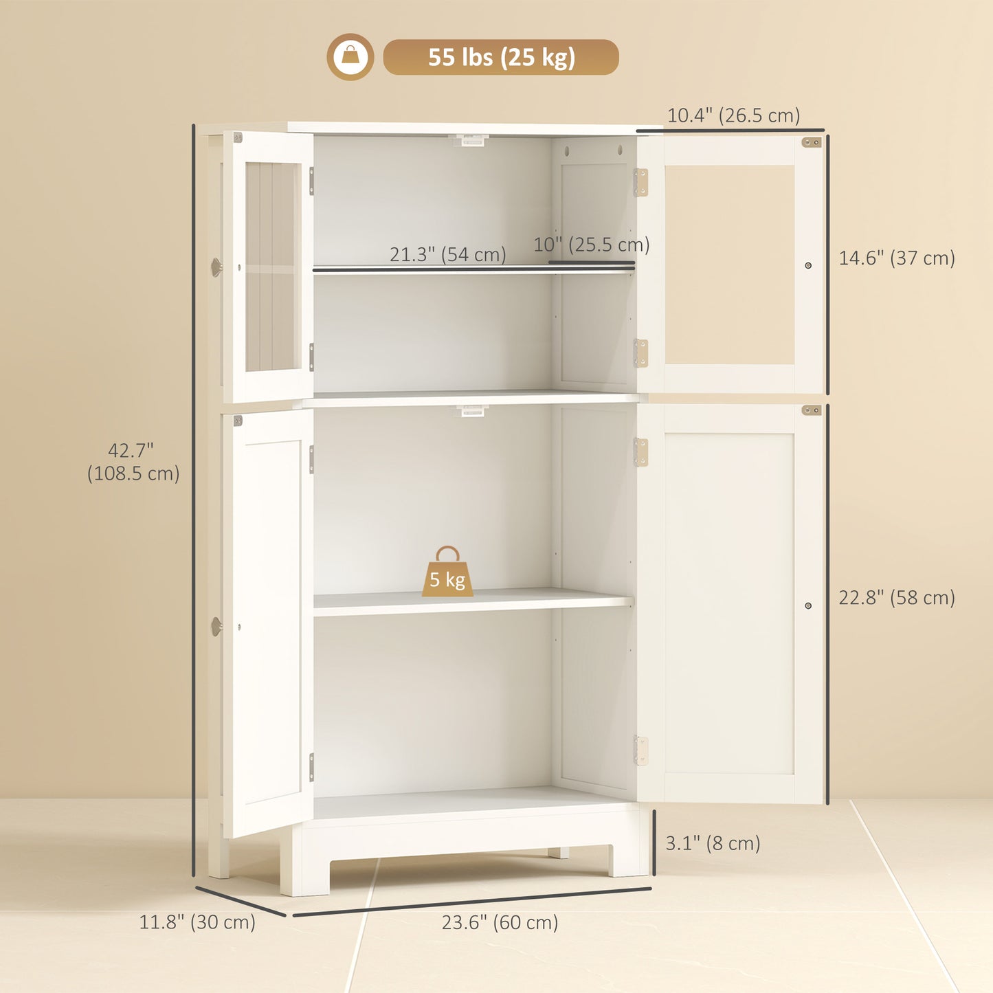 Bathroom Floor Storage Cabinet with Tempered Glass Doors and Adjustable Shelf, Kitchen Cupboard, Free Standing Organizer