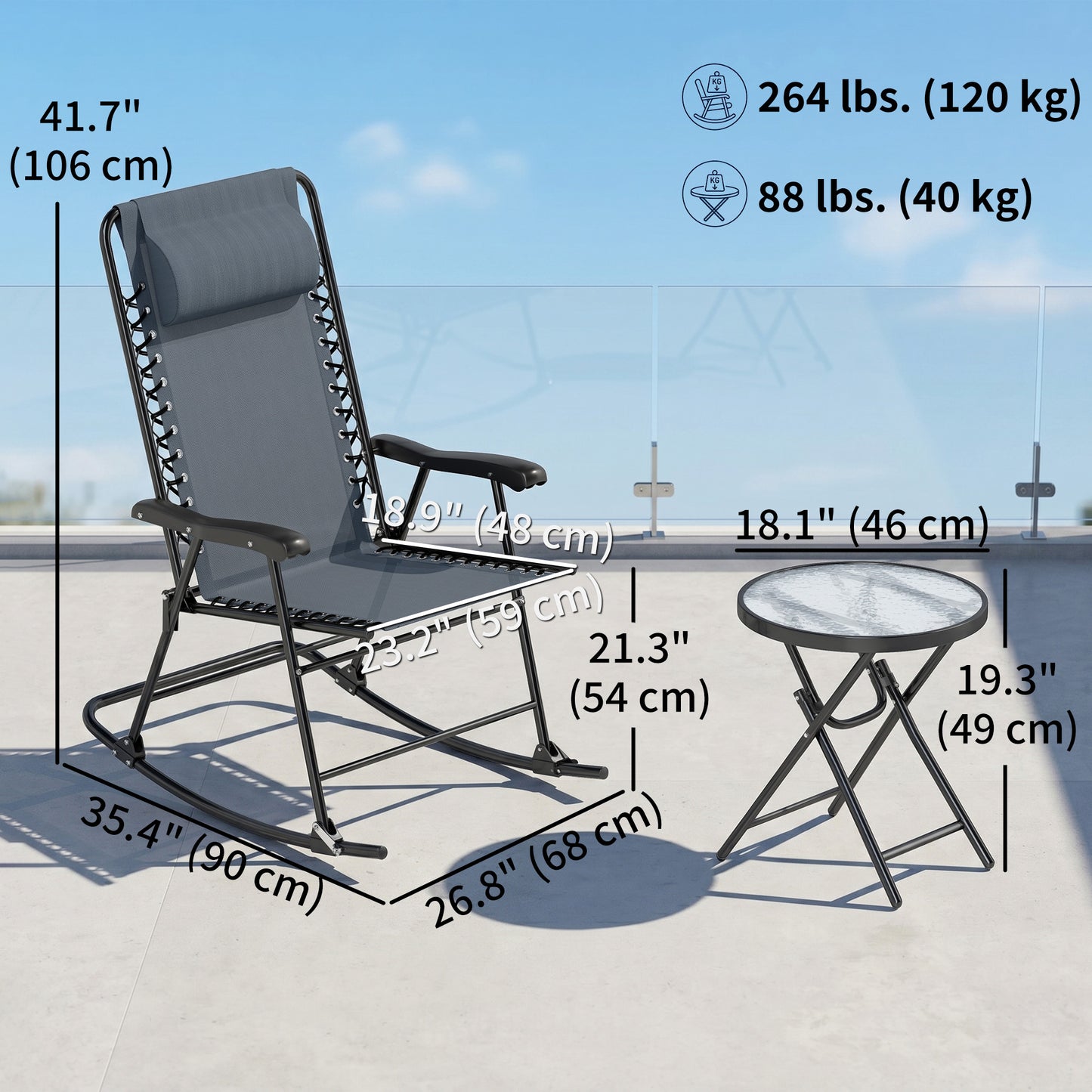 3pc Patio Rocking Chair Set, Folding Outdoor Rocking Chairs and Table Bistro Set w/ Breathable Mesh Seat & Backrest, Hea