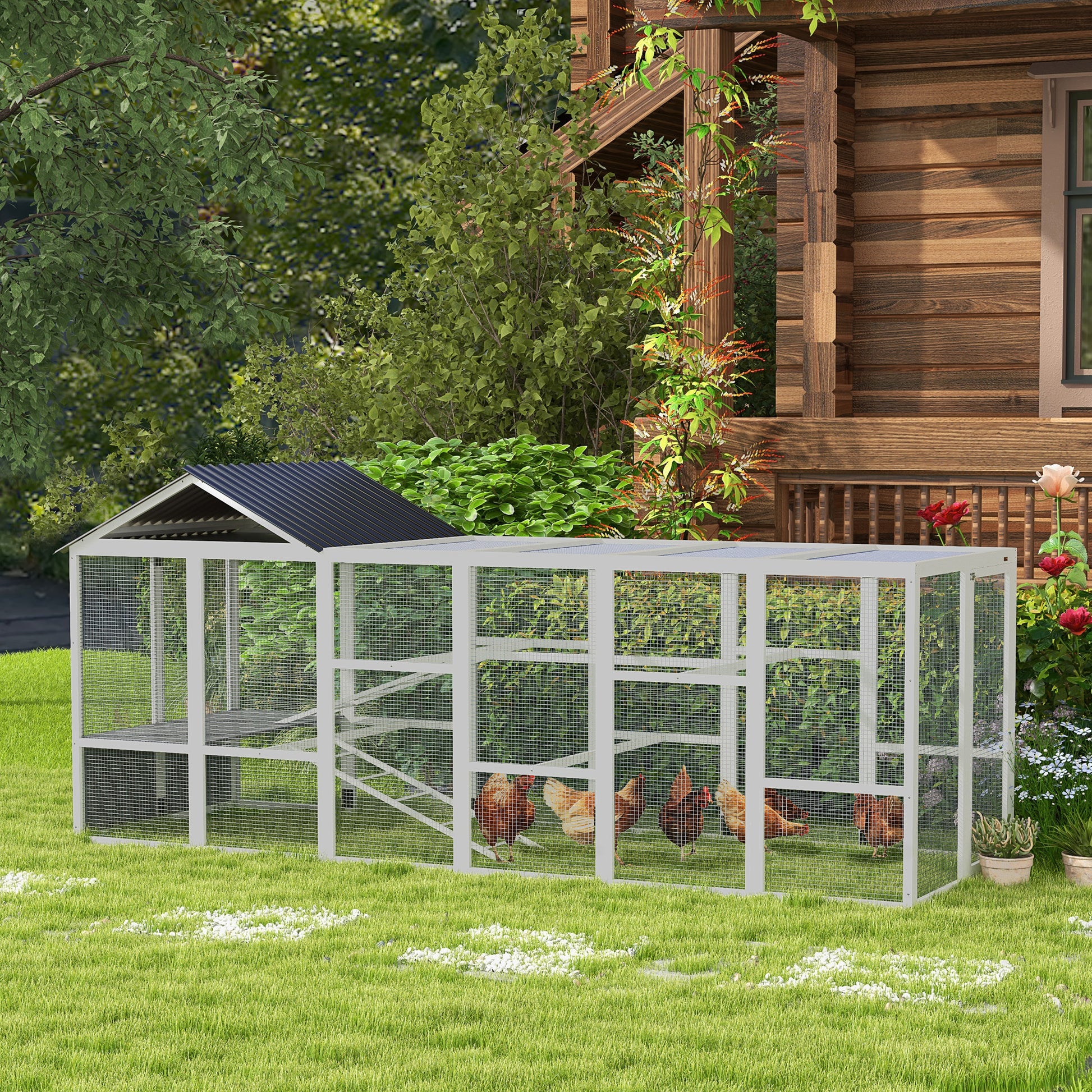 142" Outdoor Wooden Chicken Coop with Run, Ramps, Perches, Storage, Combinable Design for 6 - 10 Chickens, Grey