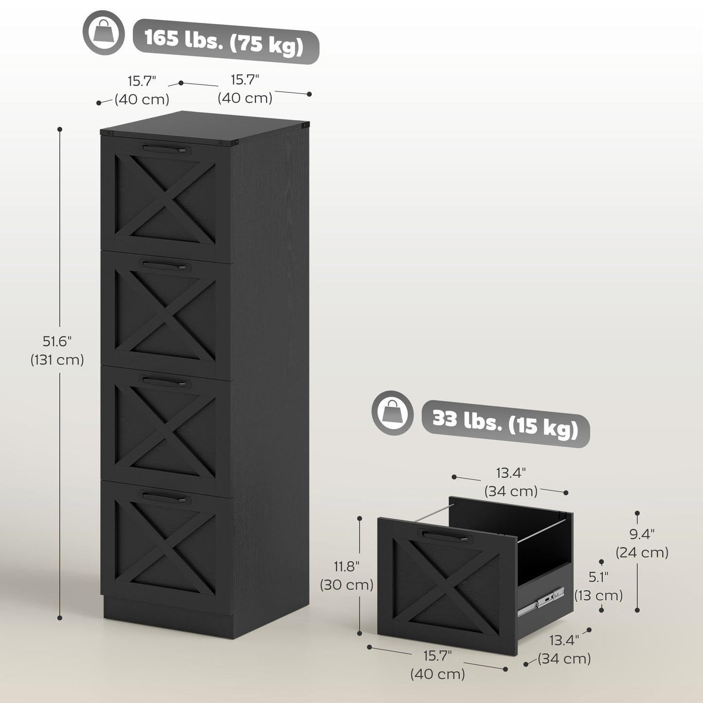 4 Drawer File Cabinet with Silent Slides, Vertical Farmhouse Filing Cabinet Fits Letter/A4 Size Home Office, Black
