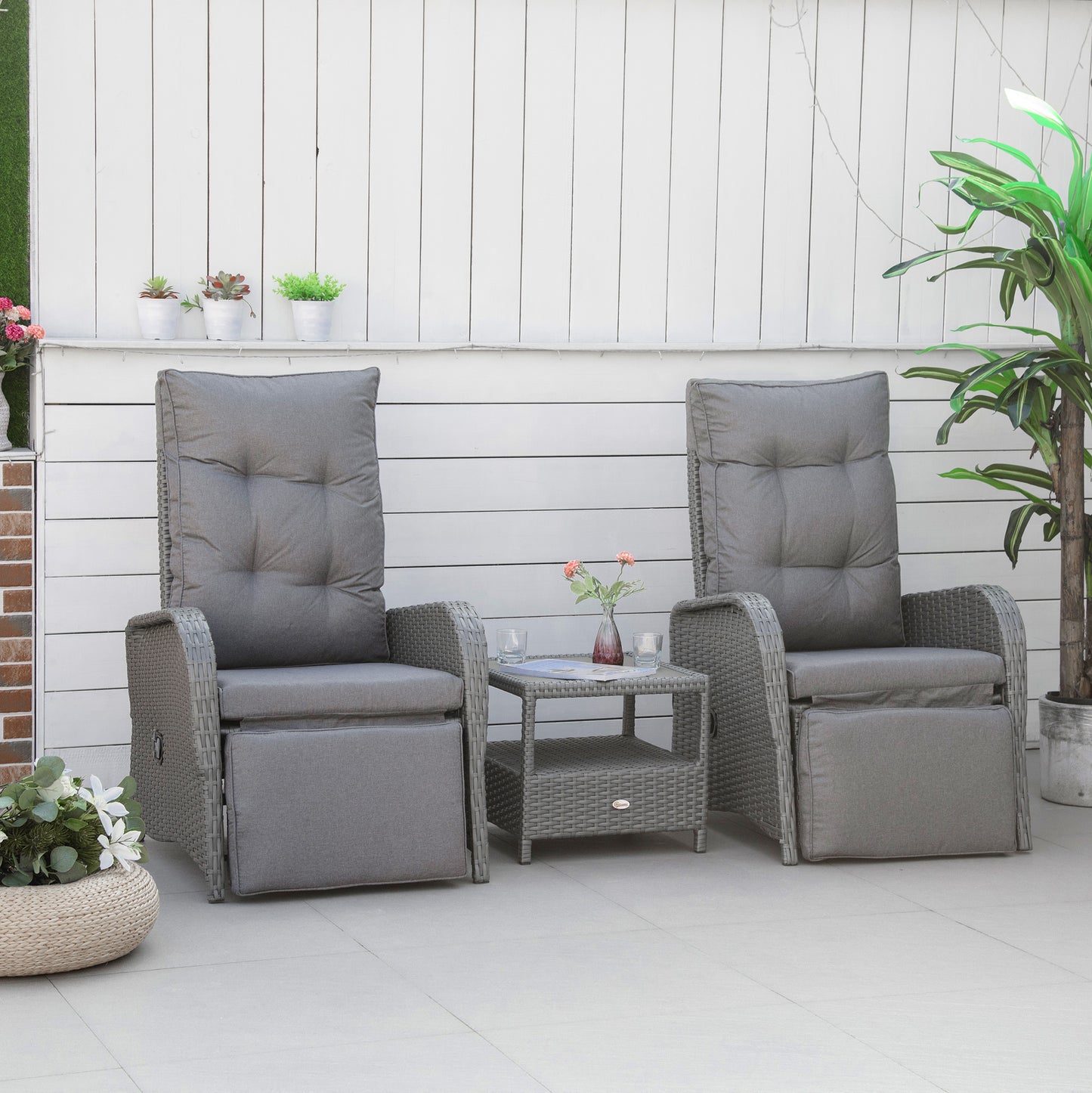 3 Pieces Patio Wicker Bistro Set, PE Rattan Coffee Table & Adjustable Recline Chairs Furniture Set with Cushions and Woo