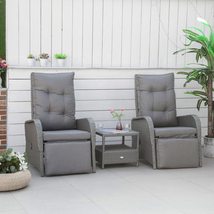 3 Pieces Patio Wicker Bistro Set, PE Rattan Coffee Table & Adjustable Recline Chairs Furniture Set with Cushions and Woo