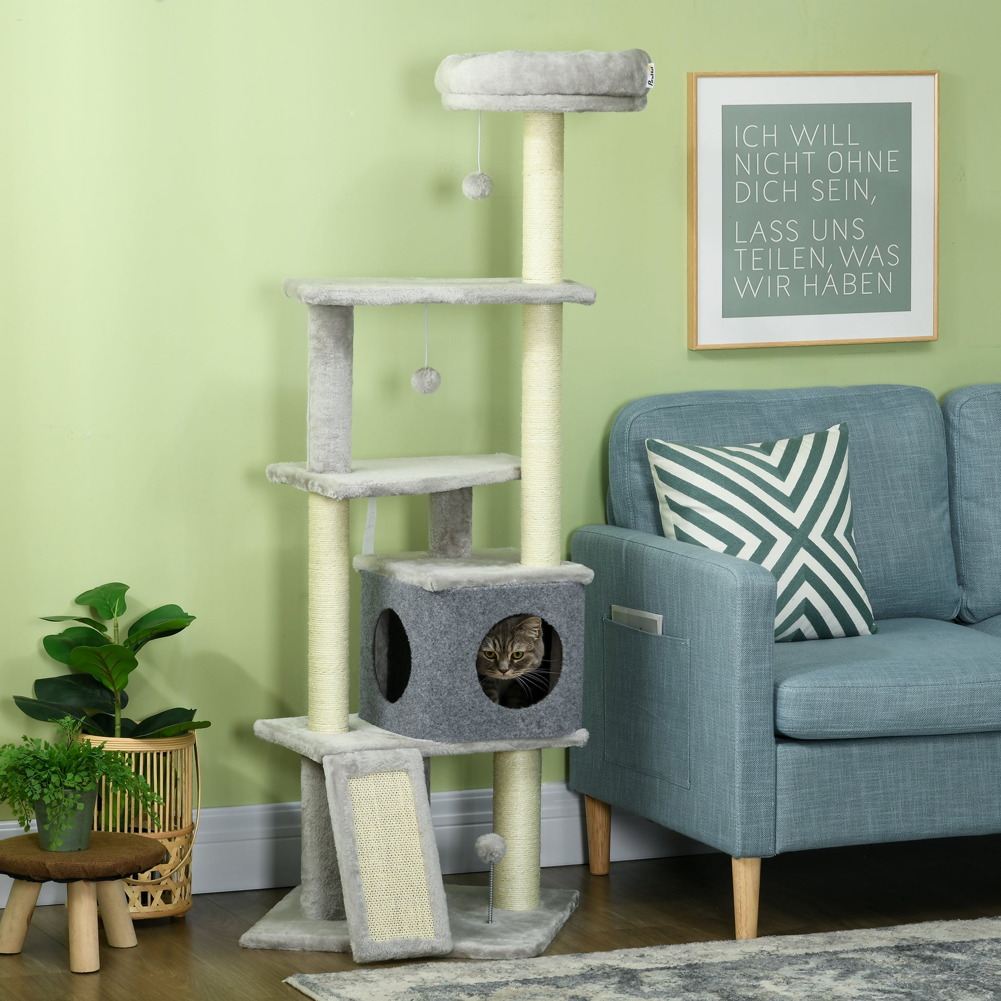 57.5" Cat Tree with Scratching Posts, Large Cat Tower for Indoor Cats with Bed, House, Toys, Grey
