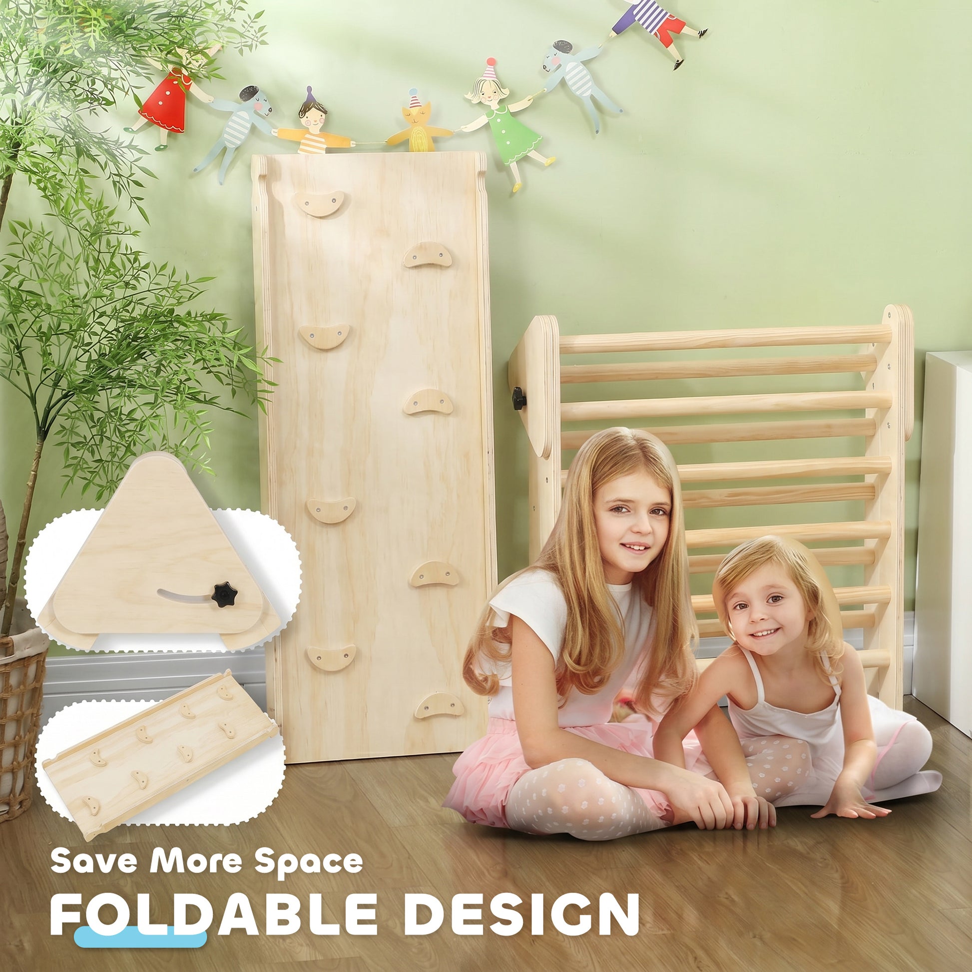 Qaba Pikler Triangle Set, 3 in 1 Climbing Toys with Ramp for Toddlers, Nature Wood