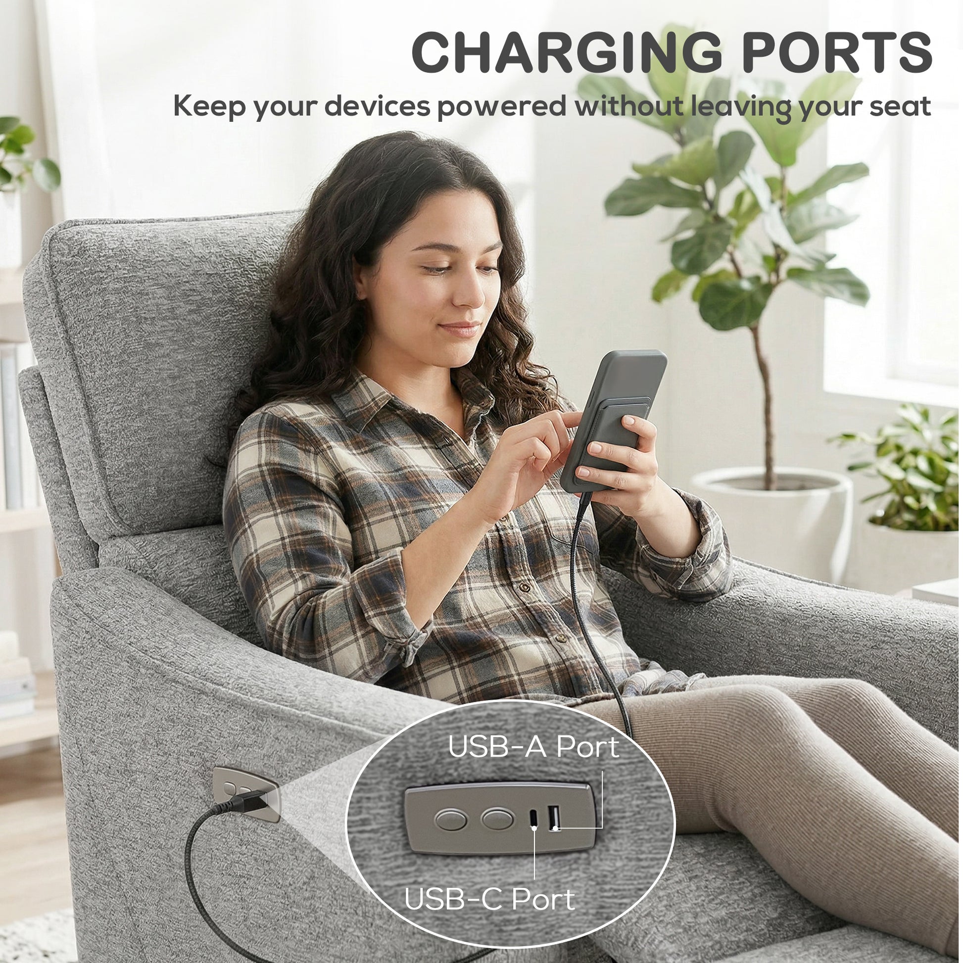 Power Recliner Chair, Chenille Upholstered Recliner Chair with USB Ports, Footrest, Grey