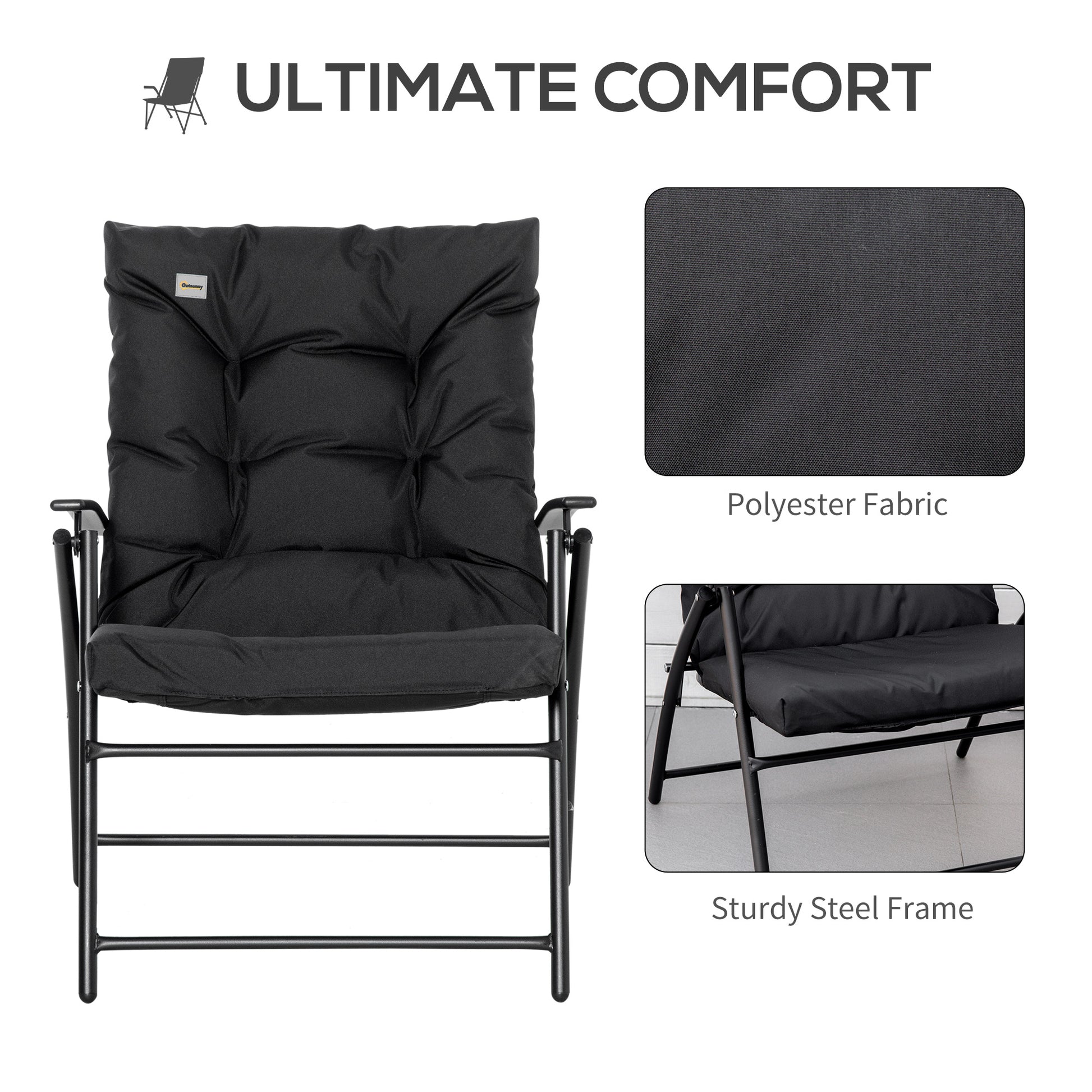 Foldable Lounge Chair, Fabric Upholstered Recliner, Outdoor Lounger with Armrest, Metal Frame for Backyard, Black