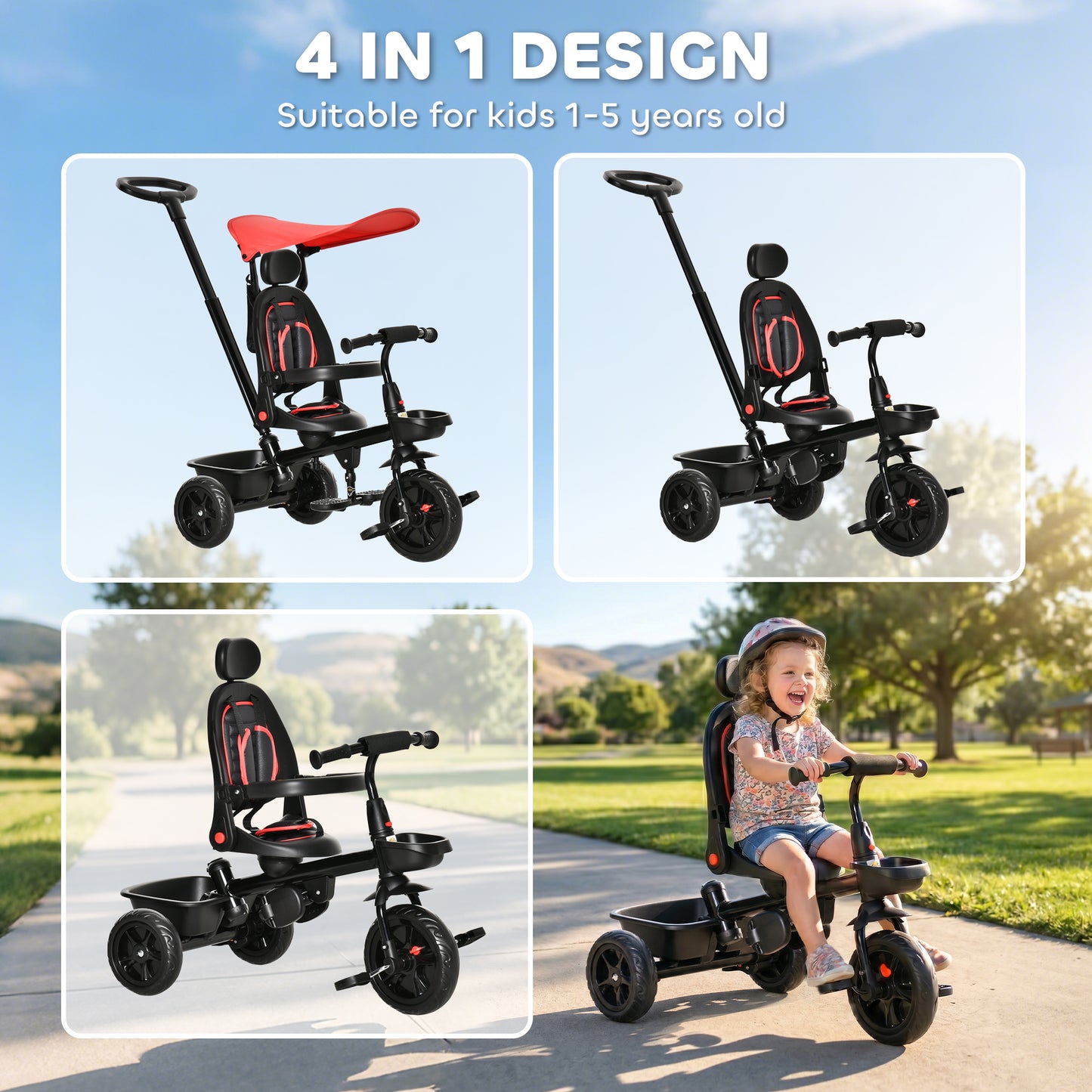 Qaba Kids Tricycle 5 In 1 Trike with Reversible Angle Adjustable Seat Removable Handle Canopy Handrail Belt Storage Foot