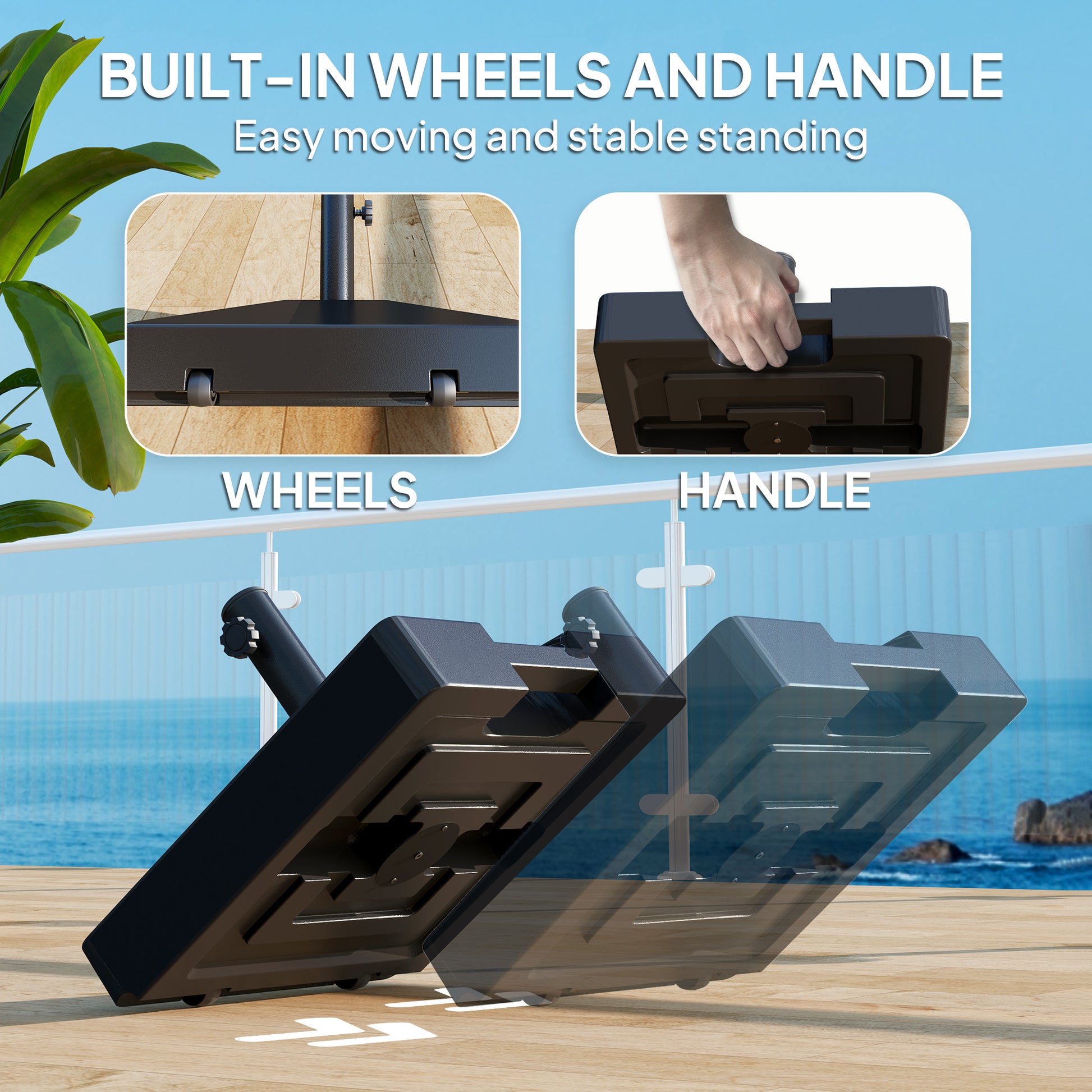 Plastic Square Patio Umbrella Base with Wheels Handle, Heavy Duty Outdoor Umbrella Stand Base, Filled Up to 73lb with St