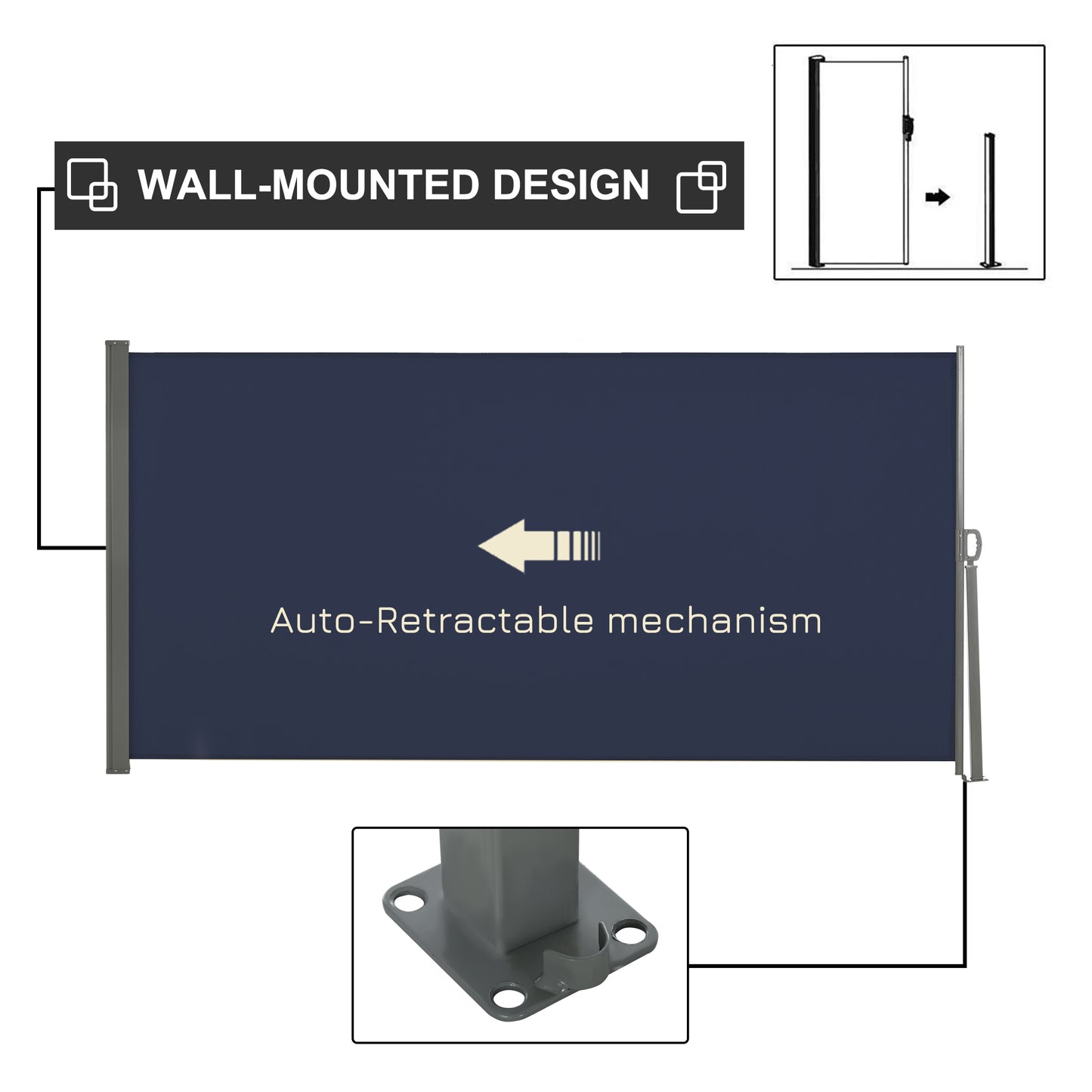 118" x 63" Outdoor Folding Privacy Screen Retractable Side Awning Patio with Resistance to UV Rays and Wind Dark Blue